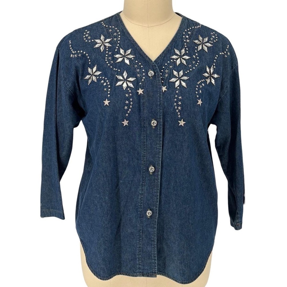 Vintage‎ Donna USA Denim Shirt Blue Rhinestone Star Embellished Button Up XL